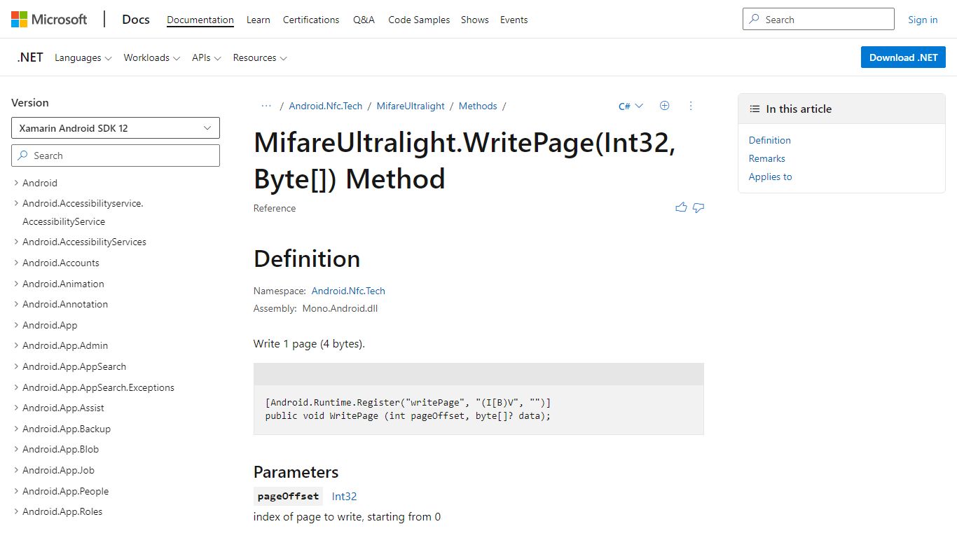 MifareUltralight.WritePage(Int32, Byte[]) Method (Android.Nfc.Tech ...